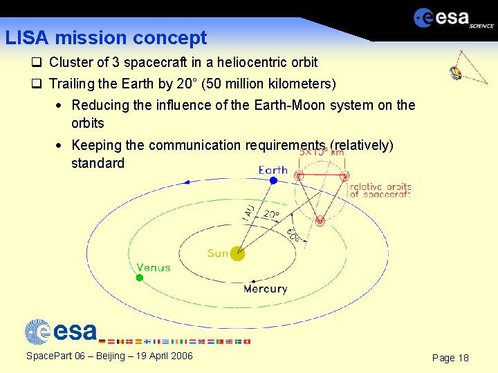 LISA mission concept q Cluster of 3 spacecraft in a heliocentric orbit q Trailing