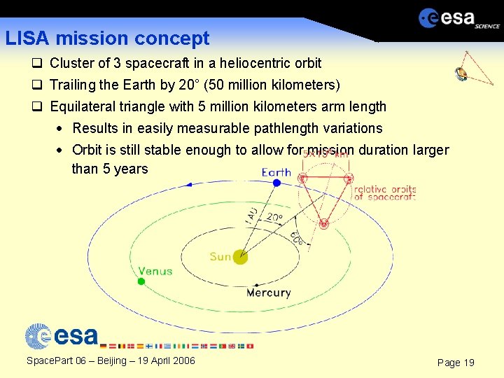LISA mission concept q Cluster of 3 spacecraft in a heliocentric orbit q Trailing