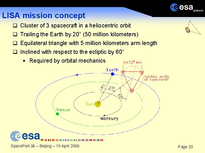 LISA mission concept q Cluster of 3 spacecraft in a heliocentric orbit q Trailing