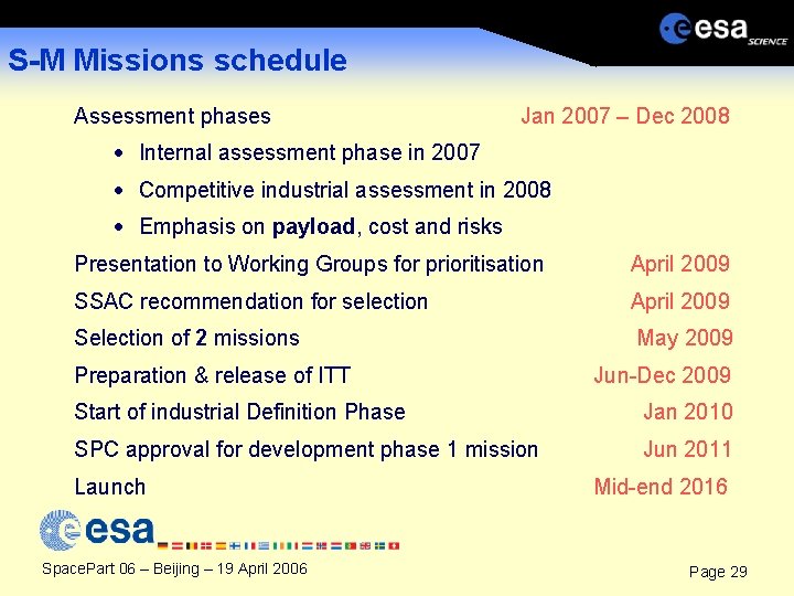 S-M Missions schedule Assessment phases Jan 2007 – Dec 2008 · Internal assessment phase