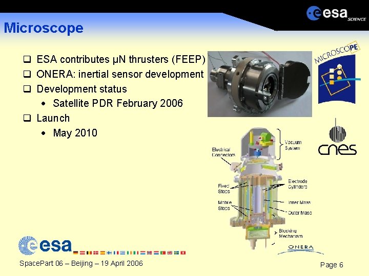 Microscope q ESA contributes μN thrusters (FEEP) q ONERA: inertial sensor development q Development