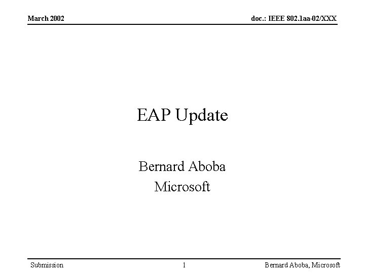 March 2002 doc. : IEEE 802. 1 aa-02/XXX EAP Update Bernard Aboba Microsoft Submission