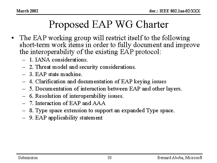 March 2002 doc. : IEEE 802. 1 aa-02/XXX Proposed EAP WG Charter • The