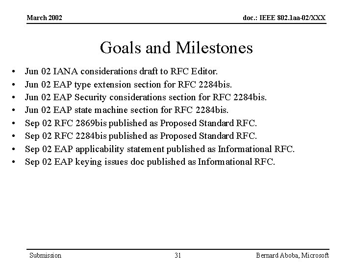 March 2002 doc. : IEEE 802. 1 aa-02/XXX Goals and Milestones • • Jun