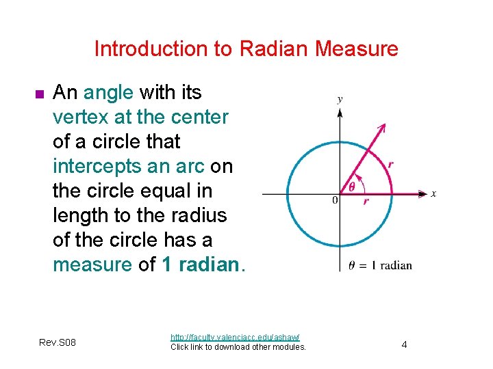 Introduction to Radian Measure n An angle with its vertex at the center of Introduction to Radian Measure n An angle with its vertex at the center of