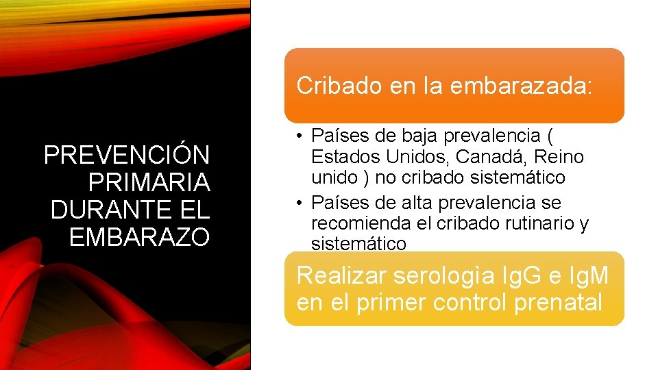 Cribado en la embarazada: PREVENCIÓN PRIMARIA DURANTE EL EMBARAZO • Países de baja prevalencia