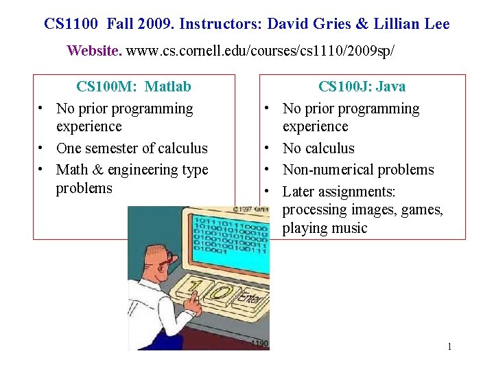 CS 1100 Fall 2009. Instructors: David Gries & Lillian Lee Website. www. cs. cornell.