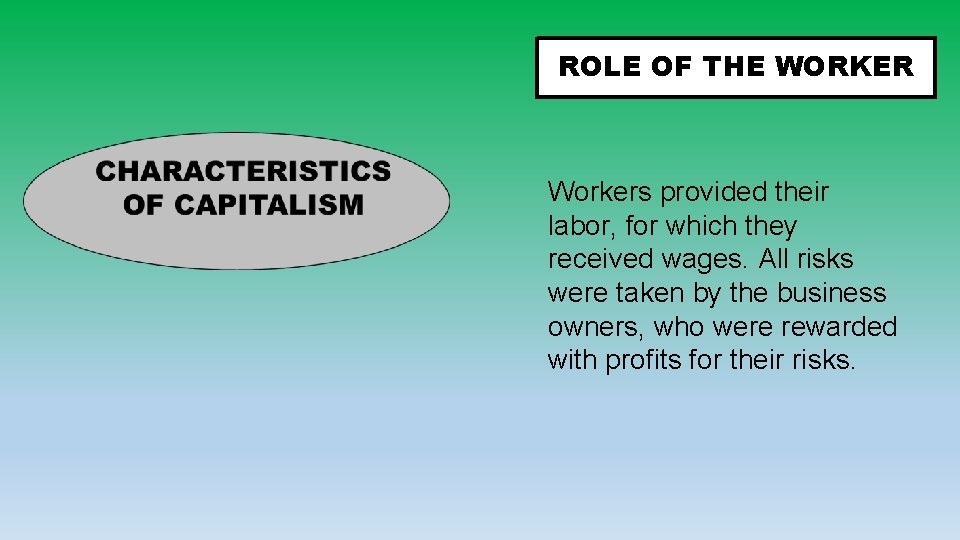 ROLE OF THE WORKER Workers provided their labor, for which they received wages. All ROLE OF THE WORKER Workers provided their labor, for which they received wages. All