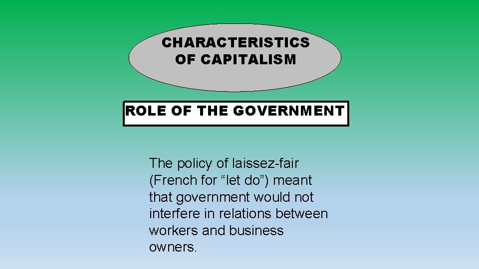 CHARACTERISTICS OF CAPITALISM ROLE OF THE GOVERNMENT The policy of laissez-fair (French for “let CHARACTERISTICS OF CAPITALISM ROLE OF THE GOVERNMENT The policy of laissez-fair (French for “let