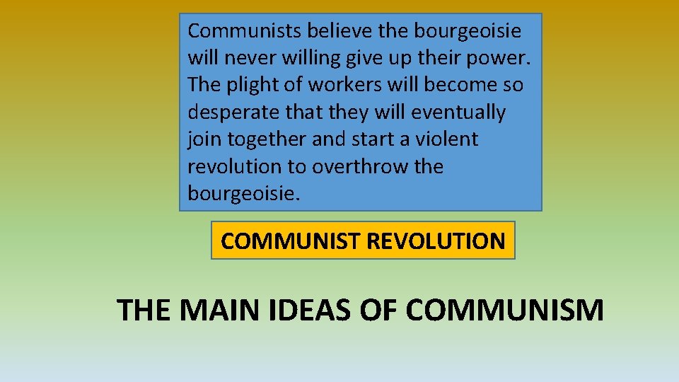 Communists believe the bourgeoisie will never willing give up their power. The plight of Communists believe the bourgeoisie will never willing give up their power. The plight of