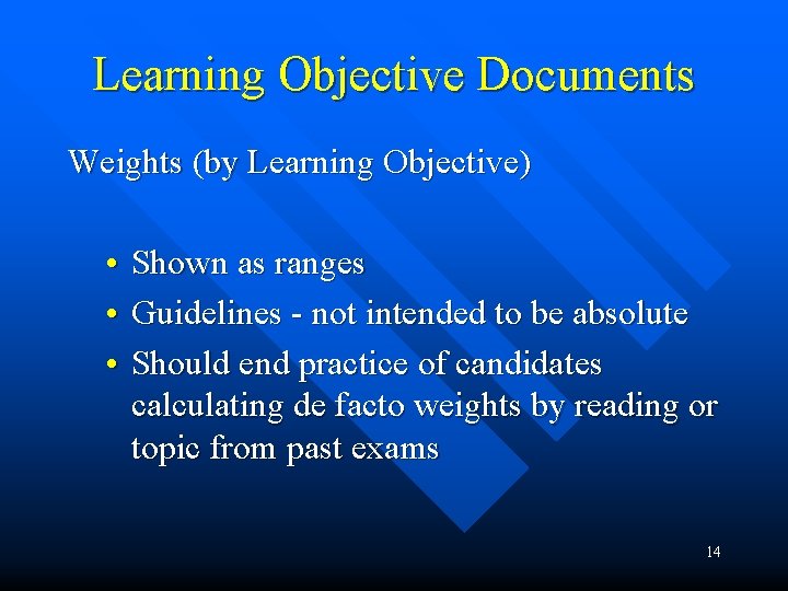 Learning Objective Documents Weights (by Learning Objective) • • • Shown as ranges Guidelines Learning Objective Documents Weights (by Learning Objective) • • • Shown as ranges Guidelines