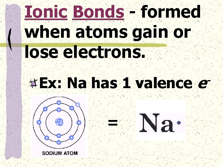 Ionic Bonds - formed when atoms gain or lose electrons. Ex: Na has 1