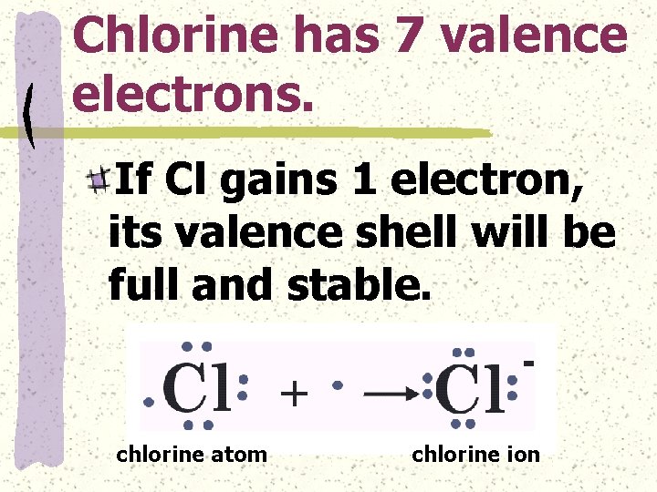 Chlorine has 7 valence electrons. If Cl gains 1 electron, its valence shell will