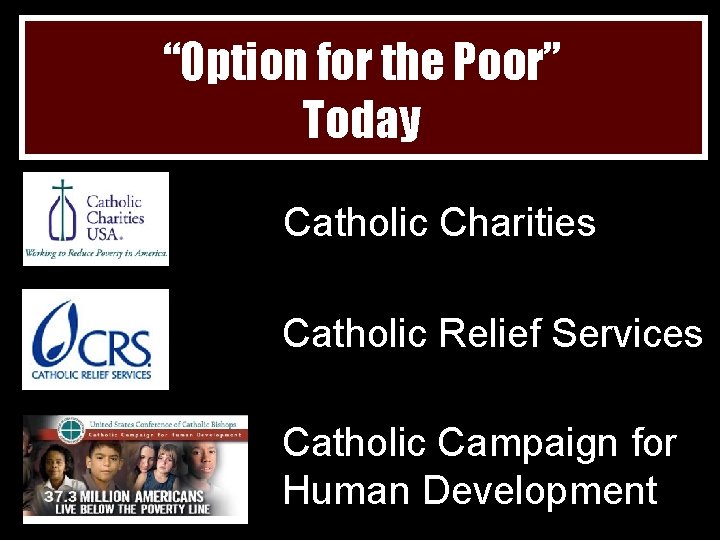 “Option for the Poor” Today Catholic Charities Catholic Relief Services Catholic Campaign for Human
