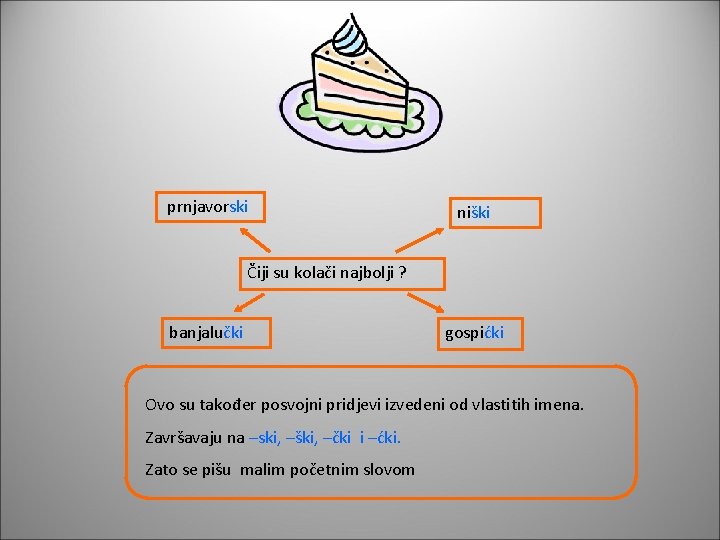 prnjavorski niški Čiji su kolači najbolji ? banjalučki gospićki Ovo su također posvojni pridjevi