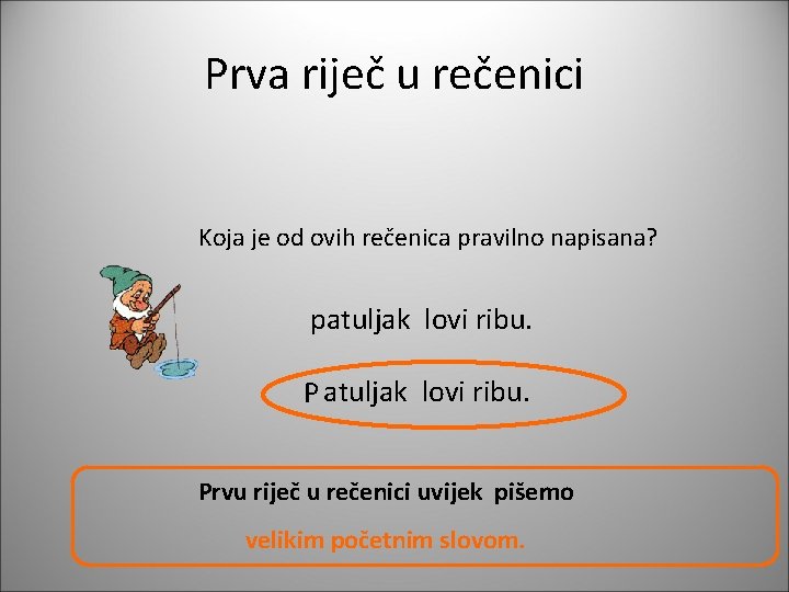 Prva riječ u rečenici Koja je od ovih rečenica pravilno napisana? patuljak lovi ribu.