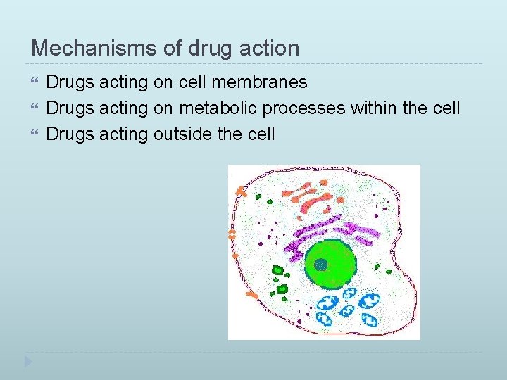 Mechanisms of drug action Drugs acting on cell membranes Drugs acting on metabolic processes