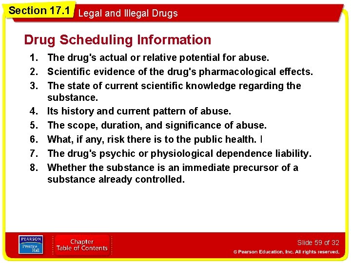 Section 17. 1 Legal and Illegal Drugs Drug Scheduling Information 1. The drug's actual