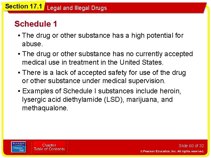 Section 17. 1 Legal and Illegal Drugs Schedule 1 • The drug or other