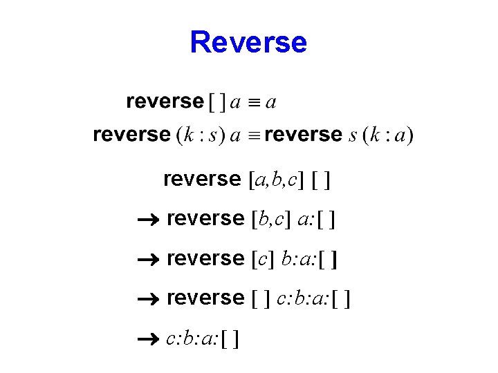 Reverse reverse [a, b, c] [ ] reverse [b, c] a: [ ] reverse