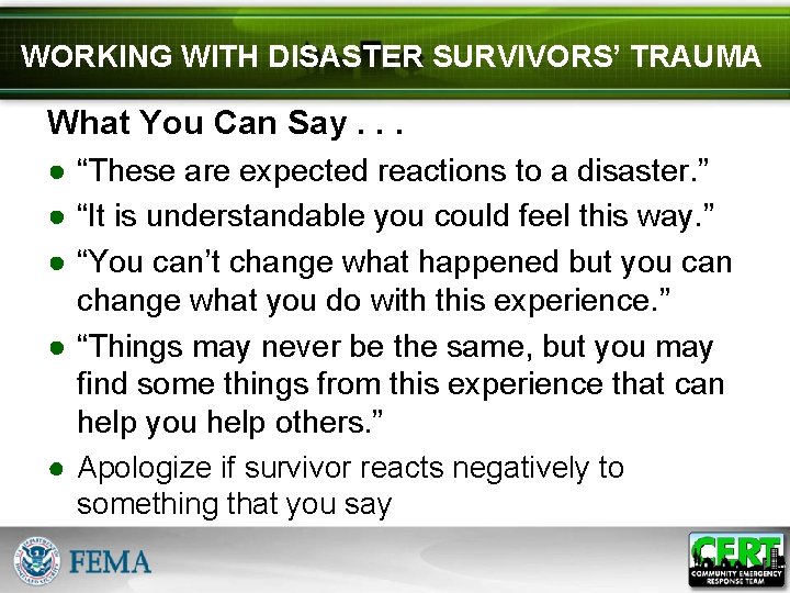 WORKING WITH DISASTER SURVIVORS’ TRAUMA What You Can Say. . . ● “These are