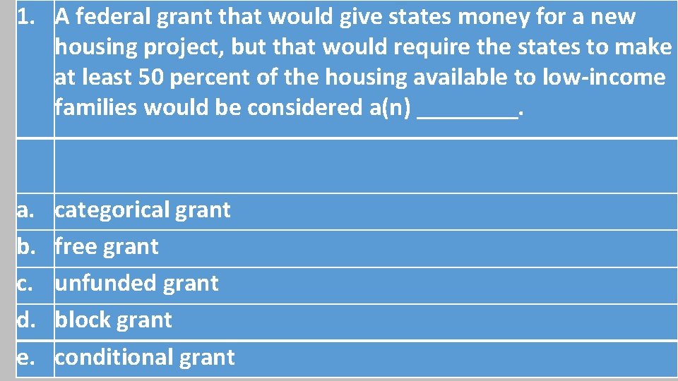 1. A federal grant that would give states money for a new housing project, 1. A federal grant that would give states money for a new housing project,