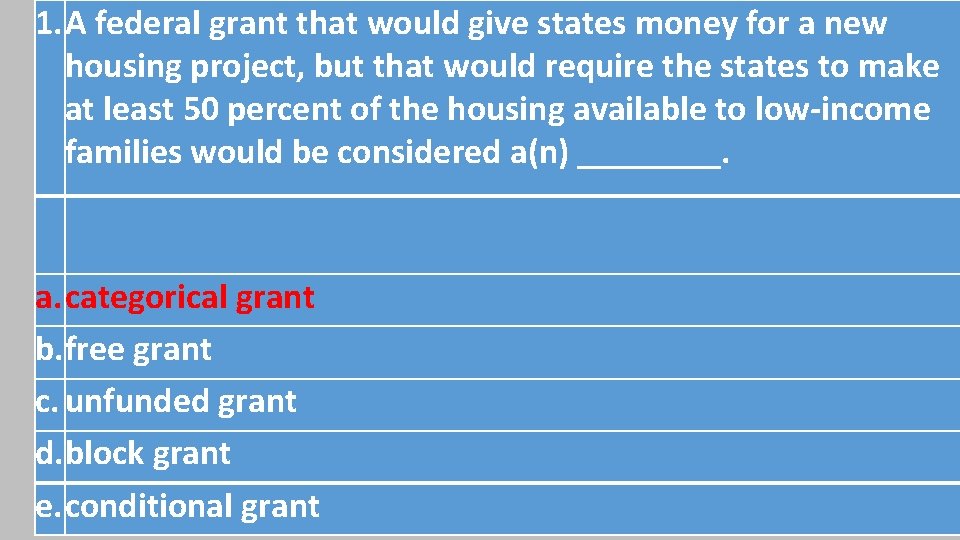 1. A federal grant that would give states money for a new housing project, 1. A federal grant that would give states money for a new housing project,