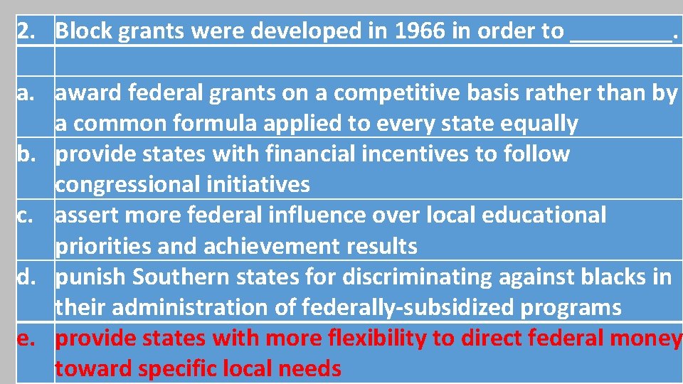 2. Block grants were developed in 1966 in order to ____. a. award federal 2. Block grants were developed in 1966 in order to ____. a. award federal