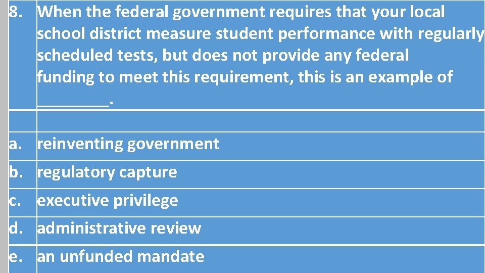 8. When the federal government requires that your local school district measure student performance 8. When the federal government requires that your local school district measure student performance