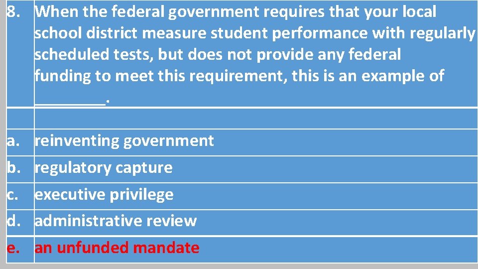 8. When the federal government requires that your local school district measure student performance 8. When the federal government requires that your local school district measure student performance