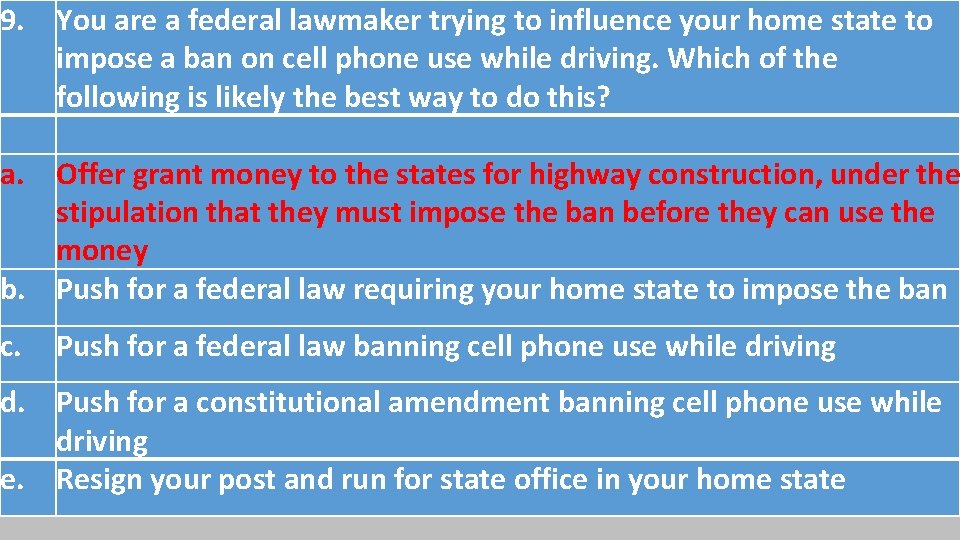 9. You are a federal lawmaker trying to influence your home state to impose 9. You are a federal lawmaker trying to influence your home state to impose