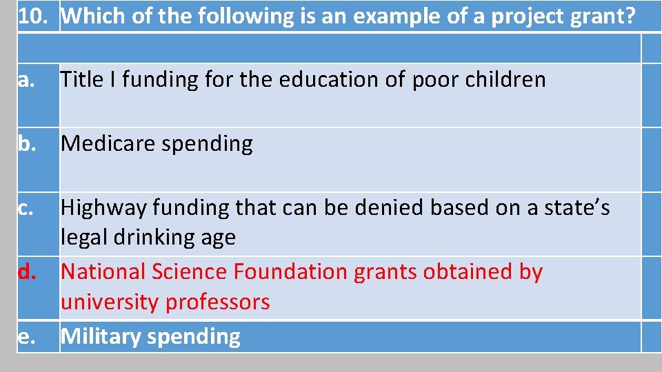 10. Which of the following is an example of a project grant? a. Title 10. Which of the following is an example of a project grant? a. Title