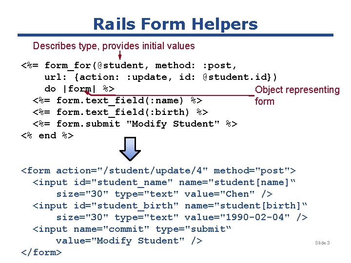 Rails Form Helpers Describes type, provides initial values <%= form_for(@student, method: : post, url: