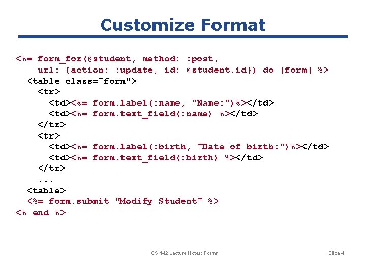 Customize Format <%= form_for(@student, method: : post, url: {action: : update, id: @student. id})