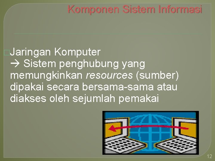 Komponen Sistem Informasi �Jaringan Komputer Sistem penghubung yang memungkinkan resources (sumber) dipakai secara bersama-sama