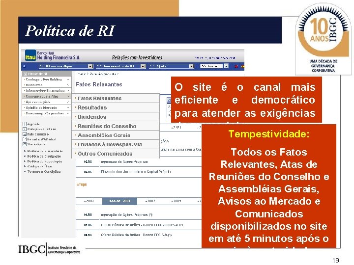 Política de RI O site é o canal mais eficiente e democrático para atender