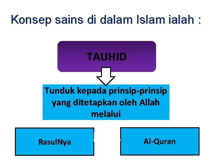 Konsep sains di dalam Islam ialah : TAUHID Tunduk kepada prinsip-prinsip yang ditetapkan oleh