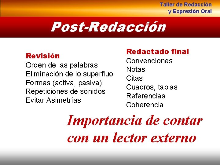 Taller de Redacción y Expresión Oral Post-Redacción Revisión Orden de las palabras Eliminación de