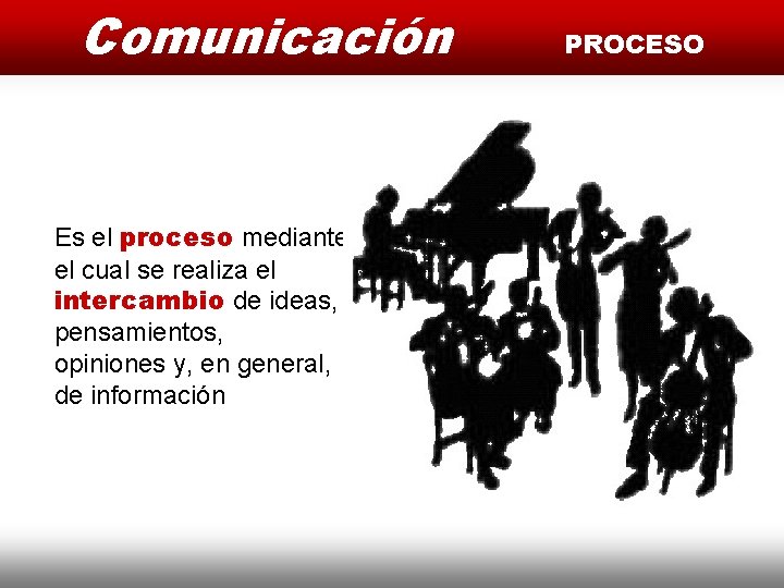 Comunicación Es el proceso mediante el cual se realiza el intercambio de ideas, pensamientos,