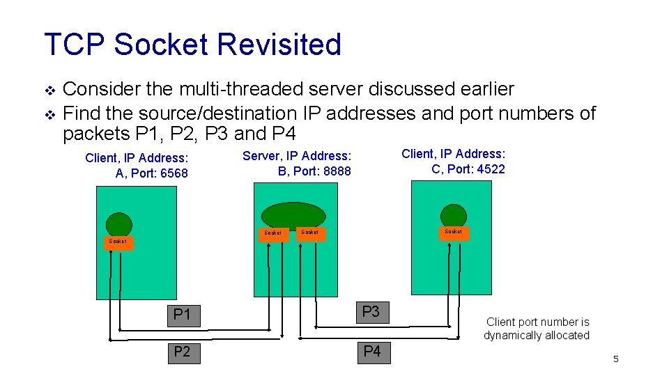 TCP Socket Revisited v v Consider the multi-threaded server discussed earlier Find the source/destination