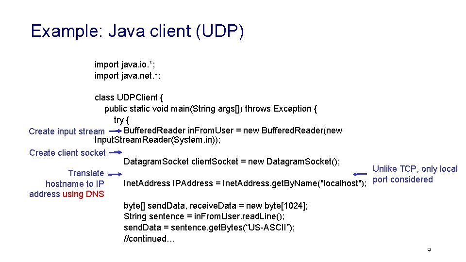 Example: Java client (UDP) import java. io. *; import java. net. *; class UDPClient