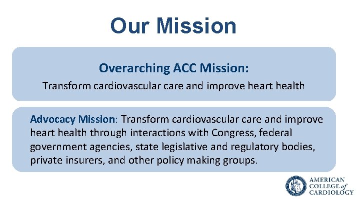 Our Mission Overarching ACC Mission: Transform cardiovascular care and improve heart health Advocacy Mission: