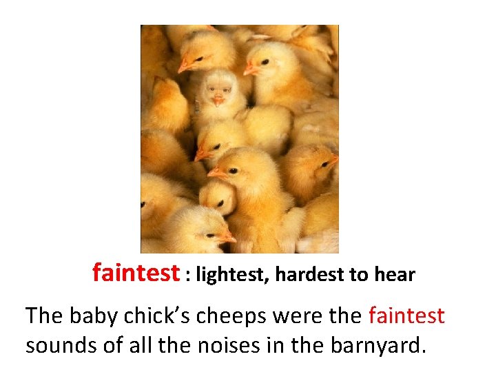 faintest : lightest, hardest to hear The baby chick’s cheeps were the faintest sounds