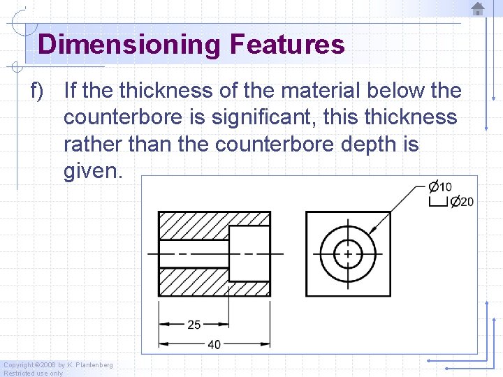 Dimensioning Features f) If the thickness of the material below the counterbore is significant,