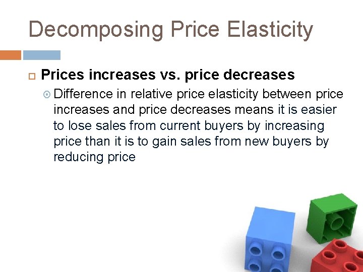 Decomposing Price Elasticity Prices increases vs. price decreases Difference in relative price elasticity between