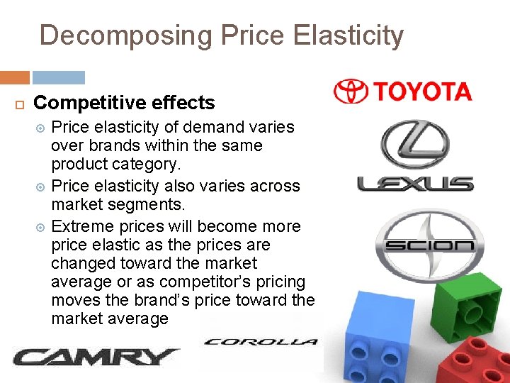 Decomposing Price Elasticity Competitive effects Price elasticity of demand varies over brands within the