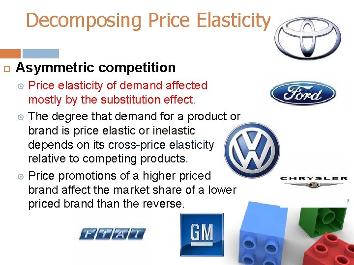 Decomposing Price Elasticity Asymmetric competition Price elasticity of demand affected mostly by the substitution