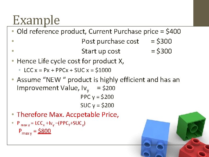 Example • Old reference product, Current Purchase price = $400 • Post purchase cost