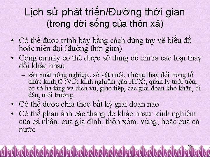 Lịch sử phát triển/Đường thời gian (trong đời sống của thôn xã) • Có