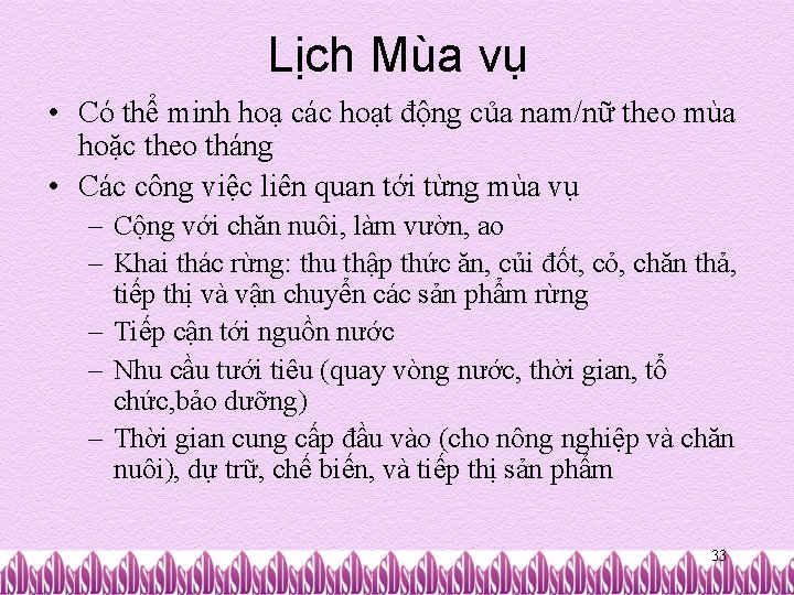 Lịch Mùa vụ • Có thể minh hoạ các hoạt động của nam/nữ theo